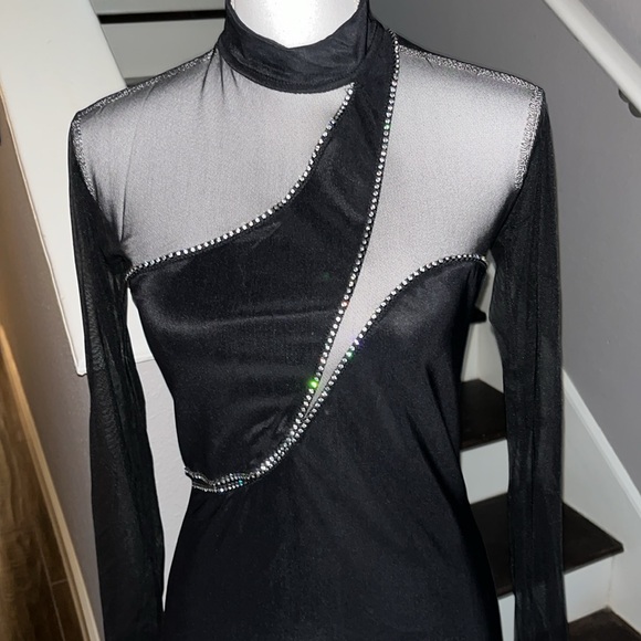 Carabella Show Stopper Black Dress with Semetric Rhinestones. Sheer Sleeves Med - Picture 3 of 16